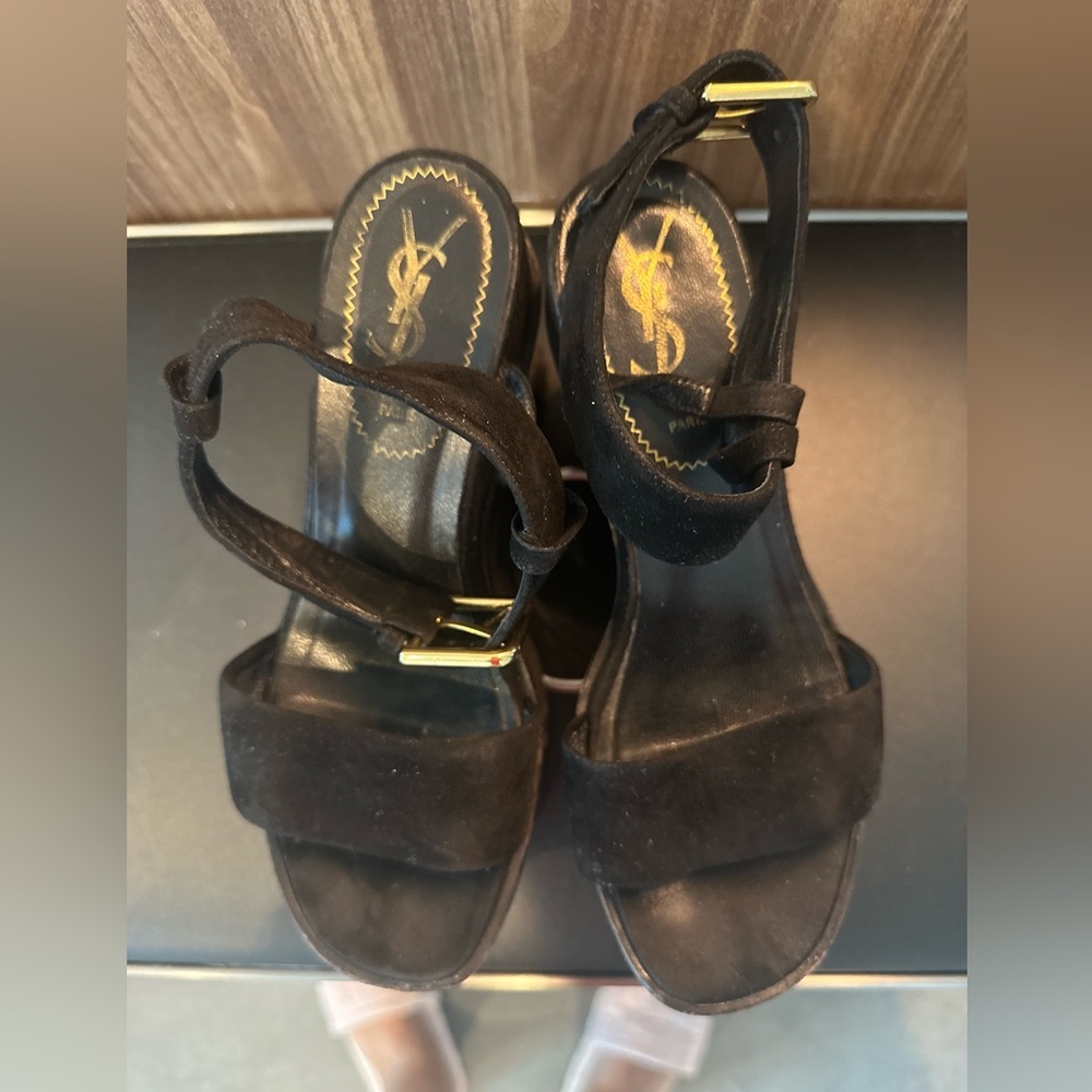 USED YSL SAINT LAURENT Vintage Palma Black Suede Platform Wedge Pumps Size 36 - Picture 2 of 4